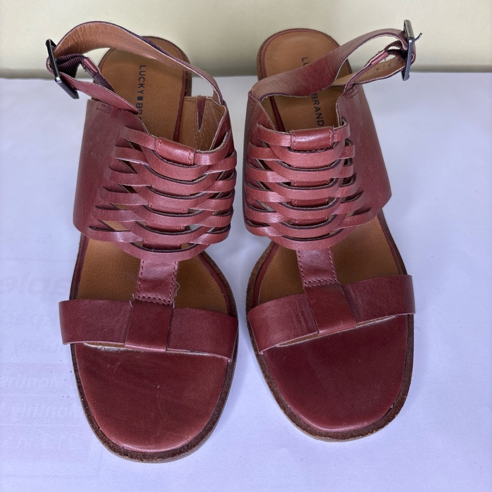 Lucky Brand Women's Burgundy Leather Woven Strap Sandals